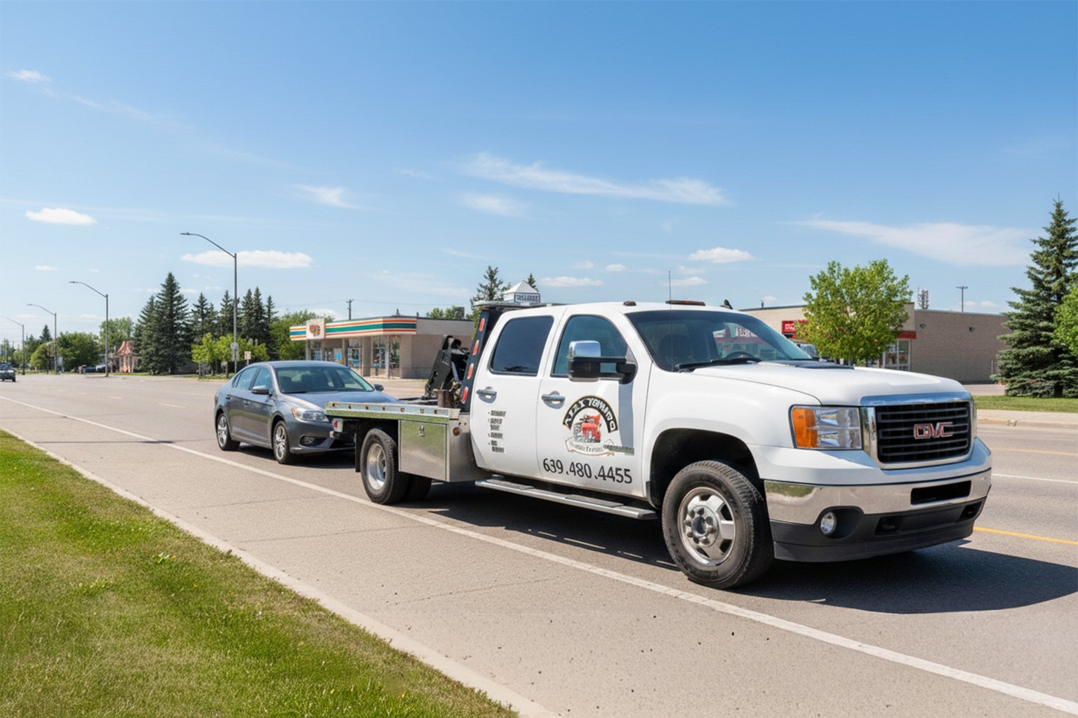 Flatbed tow truck with a luxury car